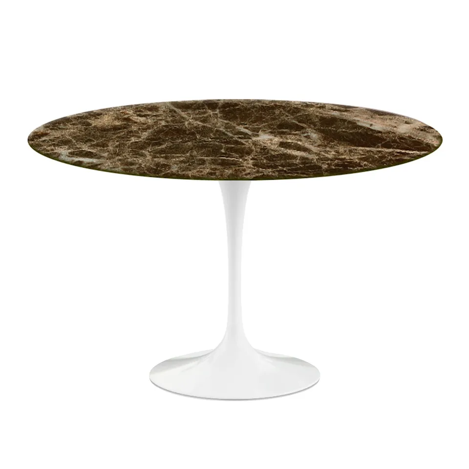 Saarinen Round Table - Matbord, Ø 120 cm, Vitt underrede, skiva i glansig brun Emperador marmor