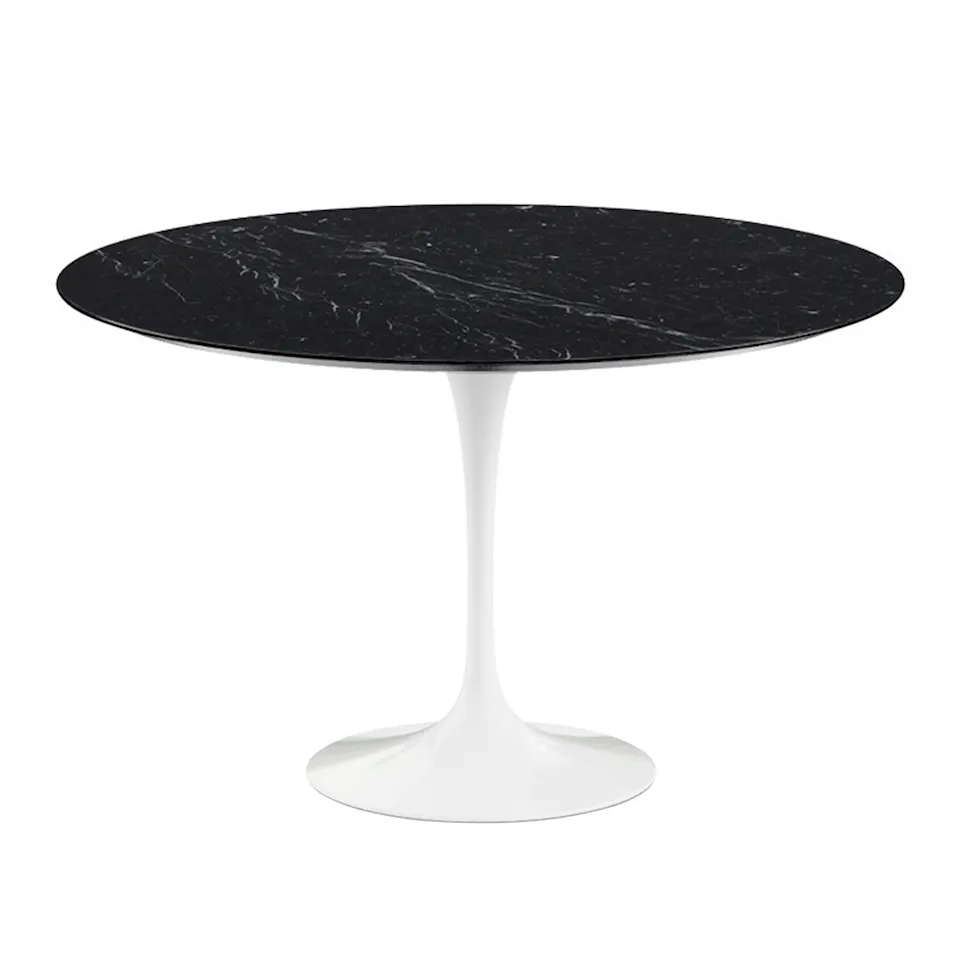 Saarinen Round Table - Matbord, Ø 120 cm, Vitt underrede, skiva i glansig svart Marquina marmor