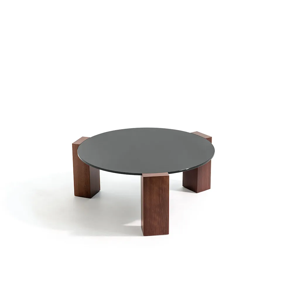 Gogan Table Ø80 Glass Top Black,Base Oak, Caffè