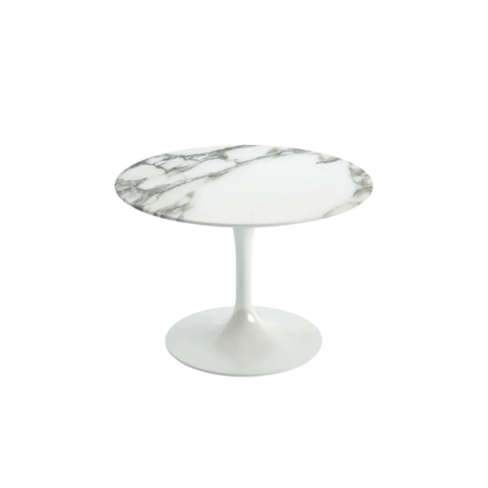 Saarinen Round Table - Soffbord, Vitt underrede, skiva i matt vit Arabescato marmor, H: 36, Ø 51