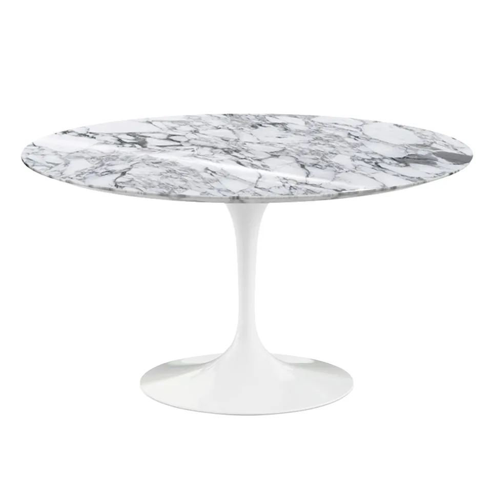 Saarinen Round Table - Matbord, Ø 137 cm, Vitt underrede, skiva i glansig vit Arabescato marmor