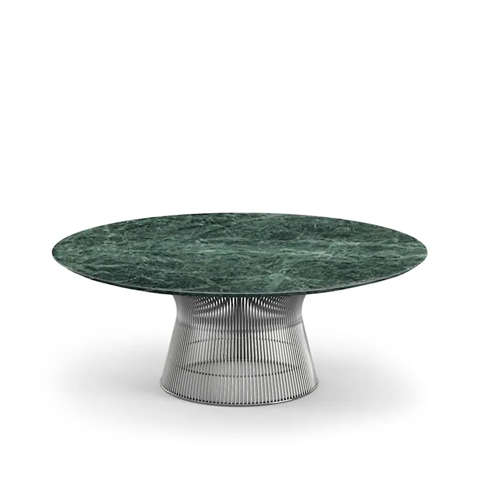 Platner Coffee Table, underrede i Polerad nickel, Ø 91,5 cm, skiva i grön Apli marmor