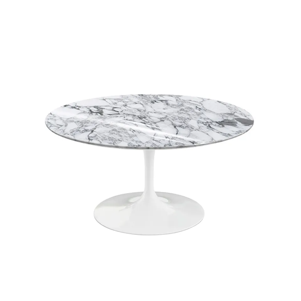 Saarinen Round Table - Soffbord, Vitt underrede, skiva i glansig vit Arabescato marmor, H: 38, Ø 91