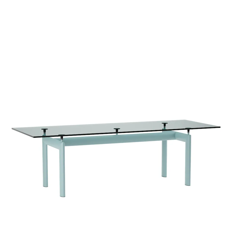 LC6 bord, Light Blue Enamel Steel Base, Clear Glass, 225 X 85 cm