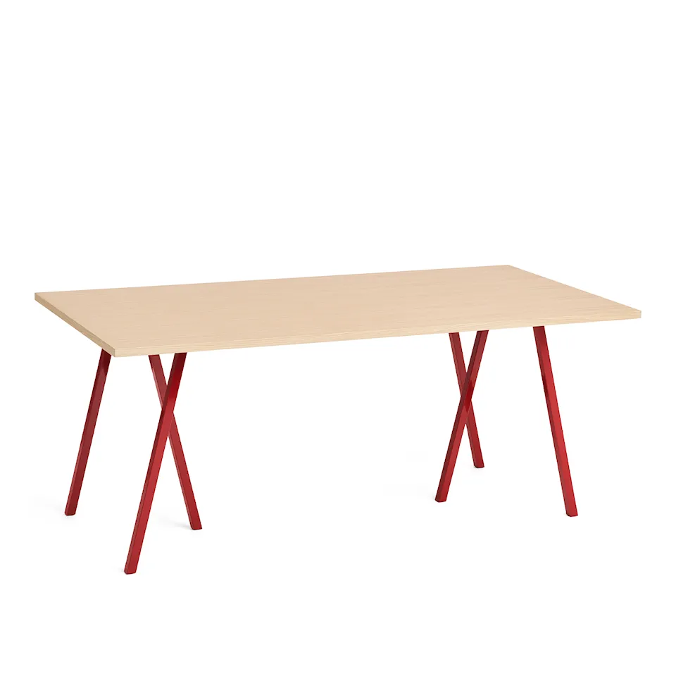 Loop Stand Table Maroon red powder coated steel frame L180 x W87,5 x H74 Clear lacquered oak tabletop Water-based lacquered oak edge