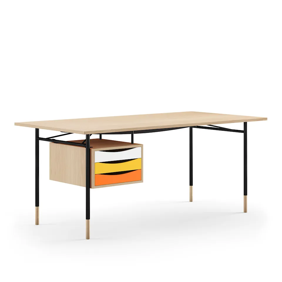 Nyhavn Desk, 190 cm, with Tray Unit, Oak Clear oil, Black Steel, Warm