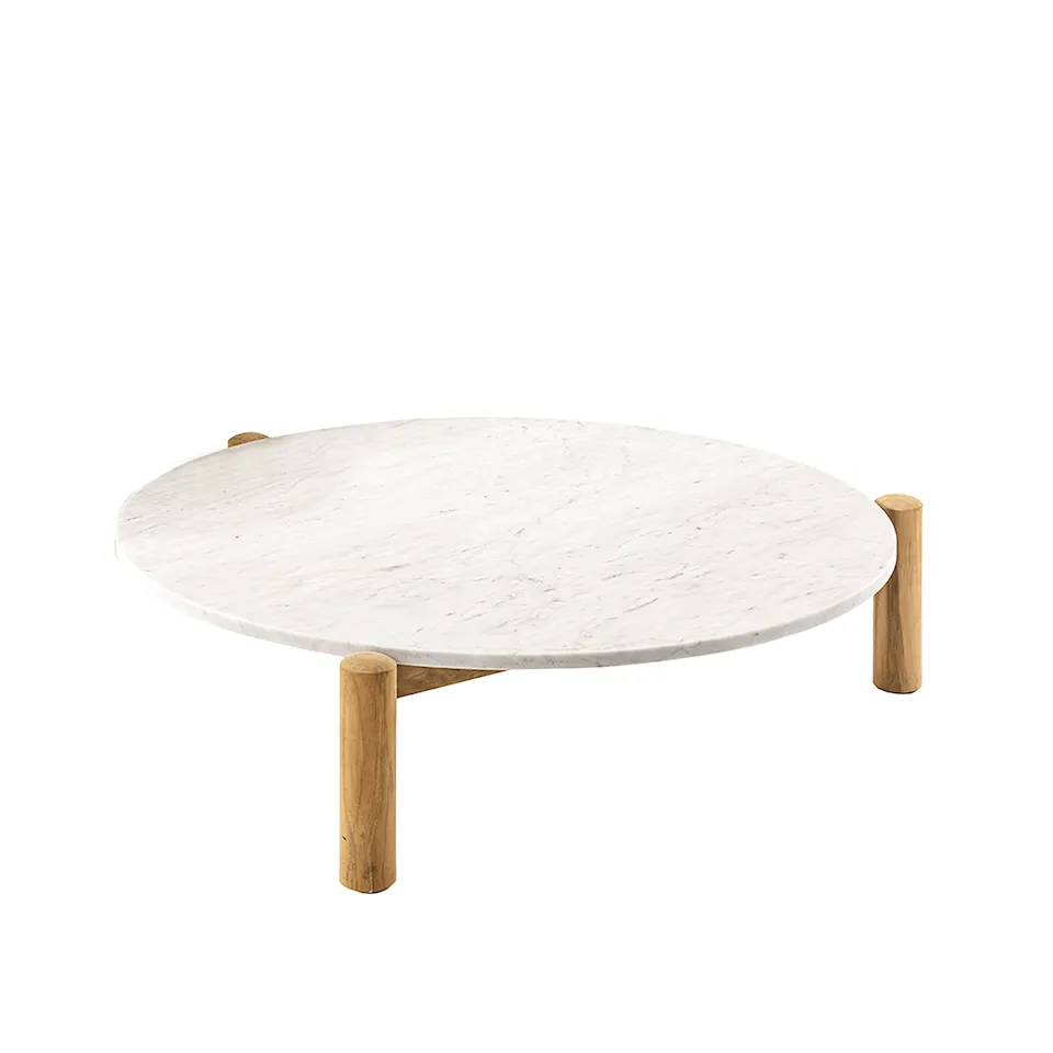 535 bord à Plateau Interchangeable Ø102, Outdoor, Solid Teak Wood Natural Finish, Top Carrara Marble