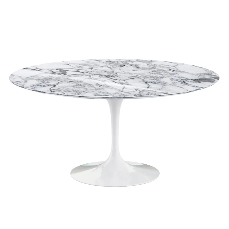 Saarinen Round Table - Matbord, Ø 152 cm, Vitt underrede, skiva i matt vit Arabescato marmor