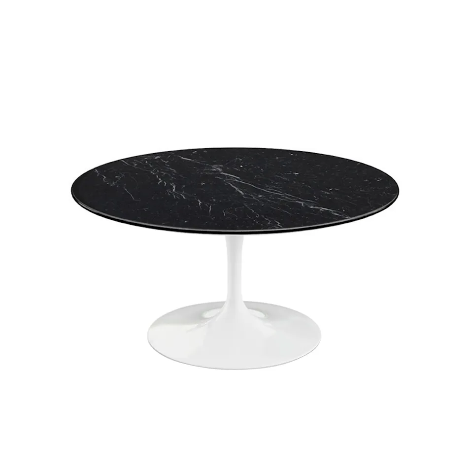 Saarinen Round Table - Soffbord, Vitt underrede, skiva i glansig svart Marquina marmor, H: 38, Ø 91