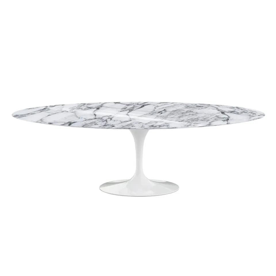 Saarinen Oval Table - Matbord, 244 x 137 cm, Vitt underrede, skiva i glansig vit Arabescato marmor