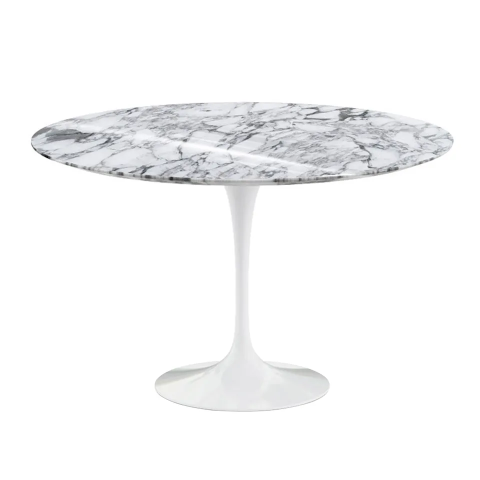 Saarinen Round Table - Matbord, Ø 120 cm, Vitt underrede, skiva i matt vit Arabescato marmor