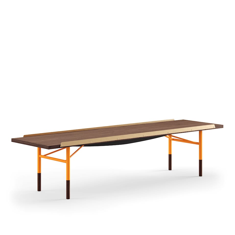 Table Bench Large, With Brass Edges, Oak, Black Steel