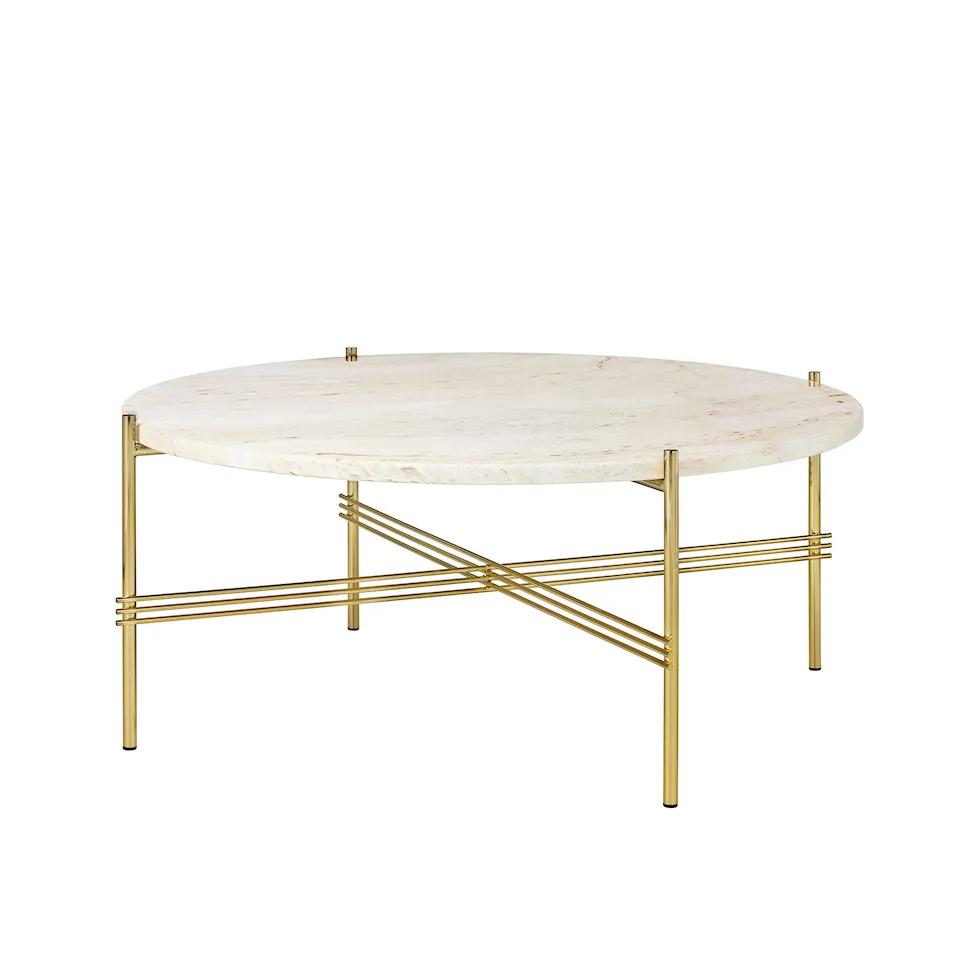 TS Travertine Coffee Table Ø 80, Base Brass, Top White Travertine