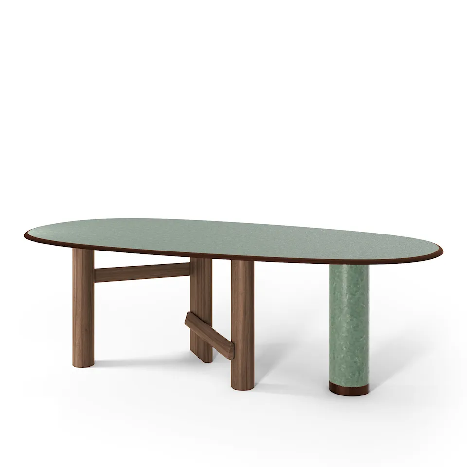 Sengu bord, 230x116cm, American Walnut legs, Green porcelain top and column