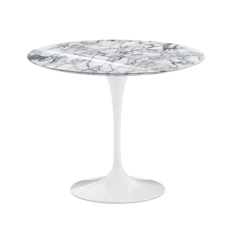 Saarinen Round Table - Matbord, Ø 91 cm, Vitt underrede, skiva i matt vit Arabescato marmor