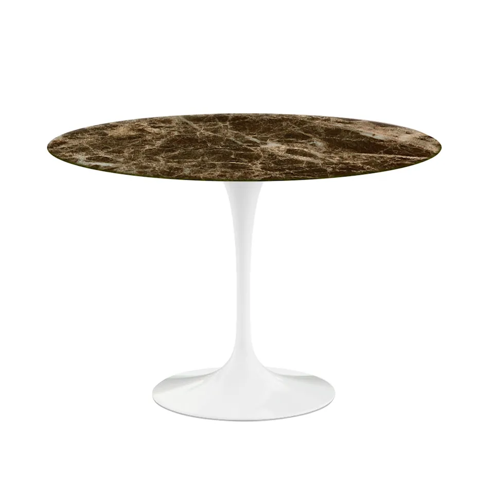 Saarinen Round Table - Matbord, Ø 107 cm, Vitt underrede, skiva i glansig brun Emperador marmor