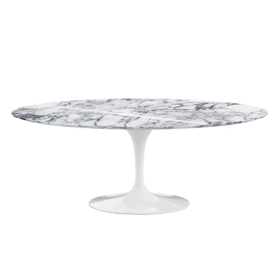 Saarinen Oval Table - Matbord, 198 x 121 cm, Vitt underrede, skiva i matt vit Arabescato marmor