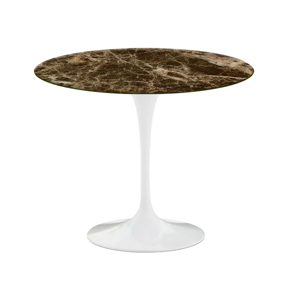 Saarinen Round Table - Matbord, Ø 91 cm, Vitt underrede, skiva i glansig brun Emperador marmor