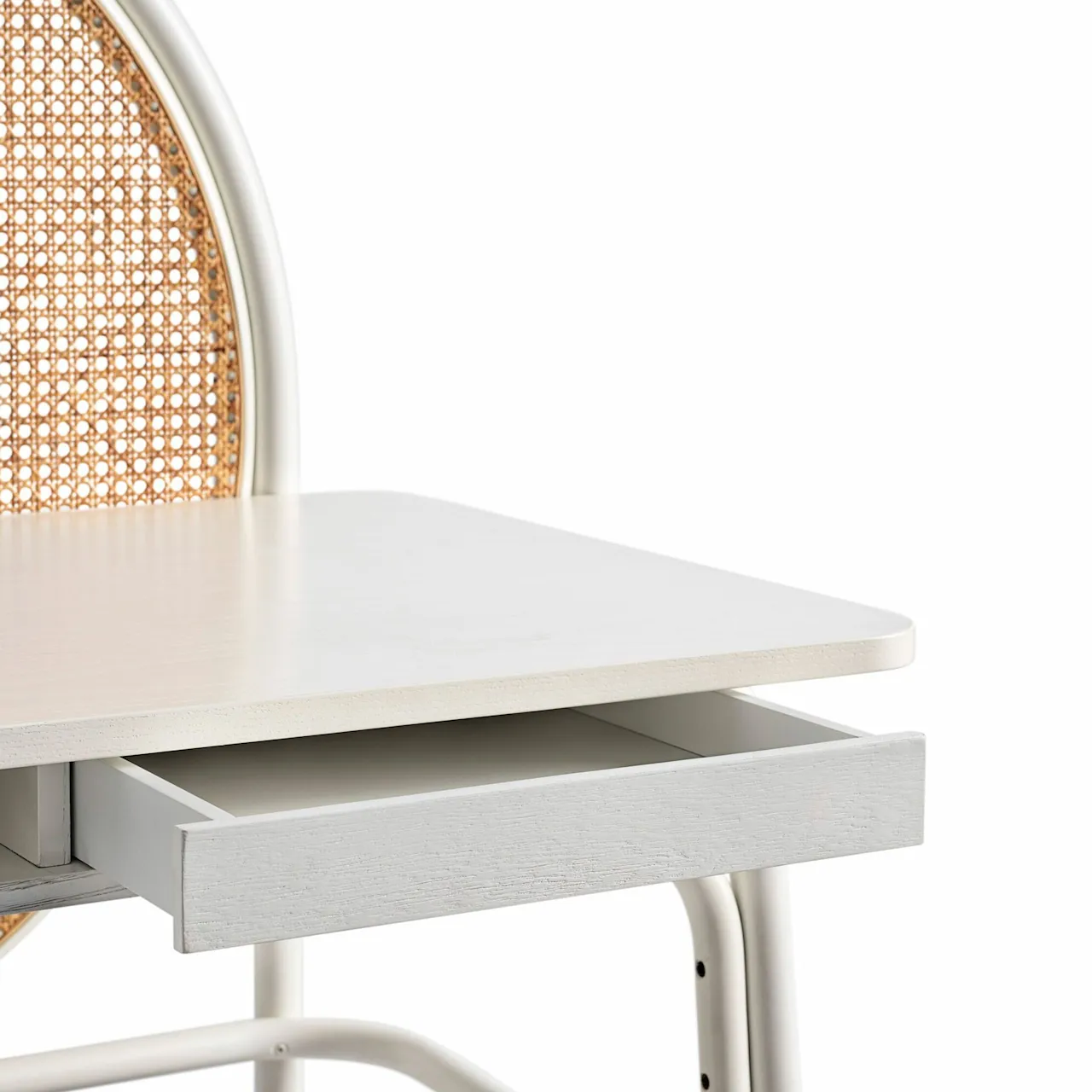 Allegory Desk, Pure White C02, Lacquered Beech, Ash and Woven Cane