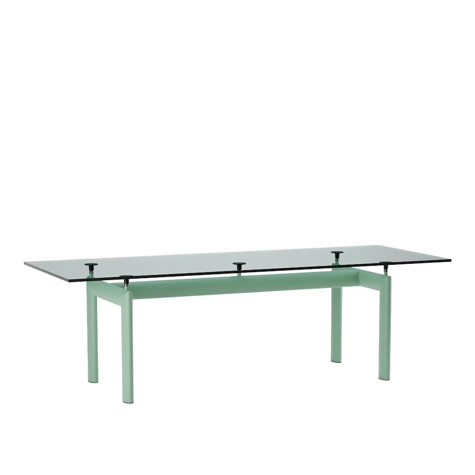 LC6 bord, Green Enamel Steel Base, Clear Glass, 225 X 85 cm