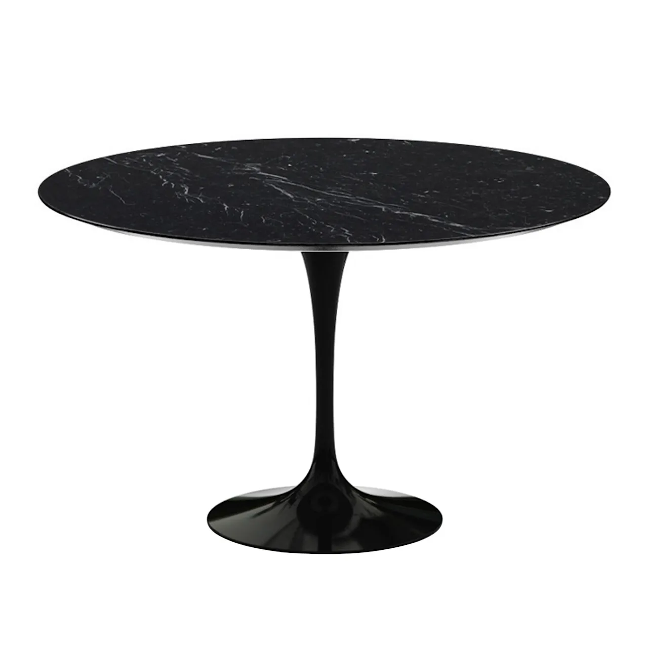 Saarinen Round Table - Matbord, Ø 91 cm, Svart underrede, skiva i glansig vit Arabescato marmor