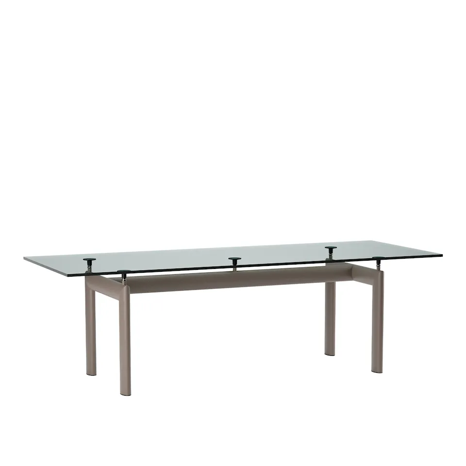 LC6 bord, Taupe Enamel Steel Base, Clear Glass, 225 X 85 cm