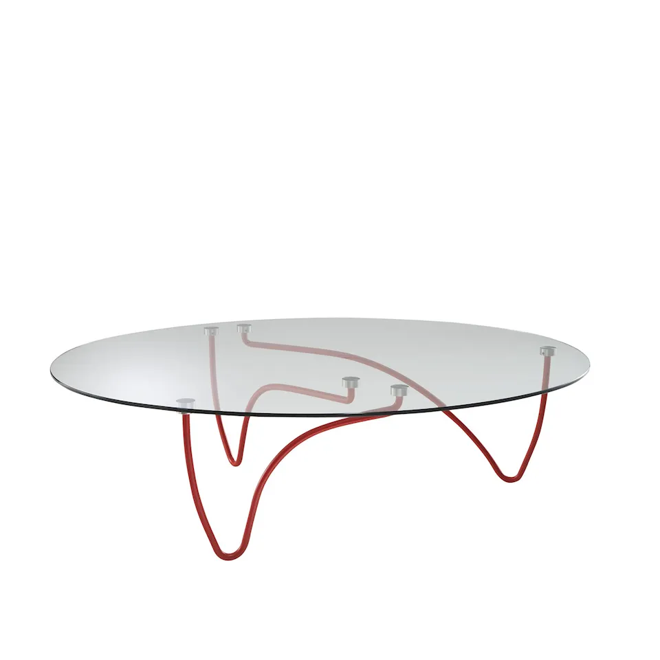 Rythme Oval Occasional Table, Clear Glass Top, Red Lacquered Base