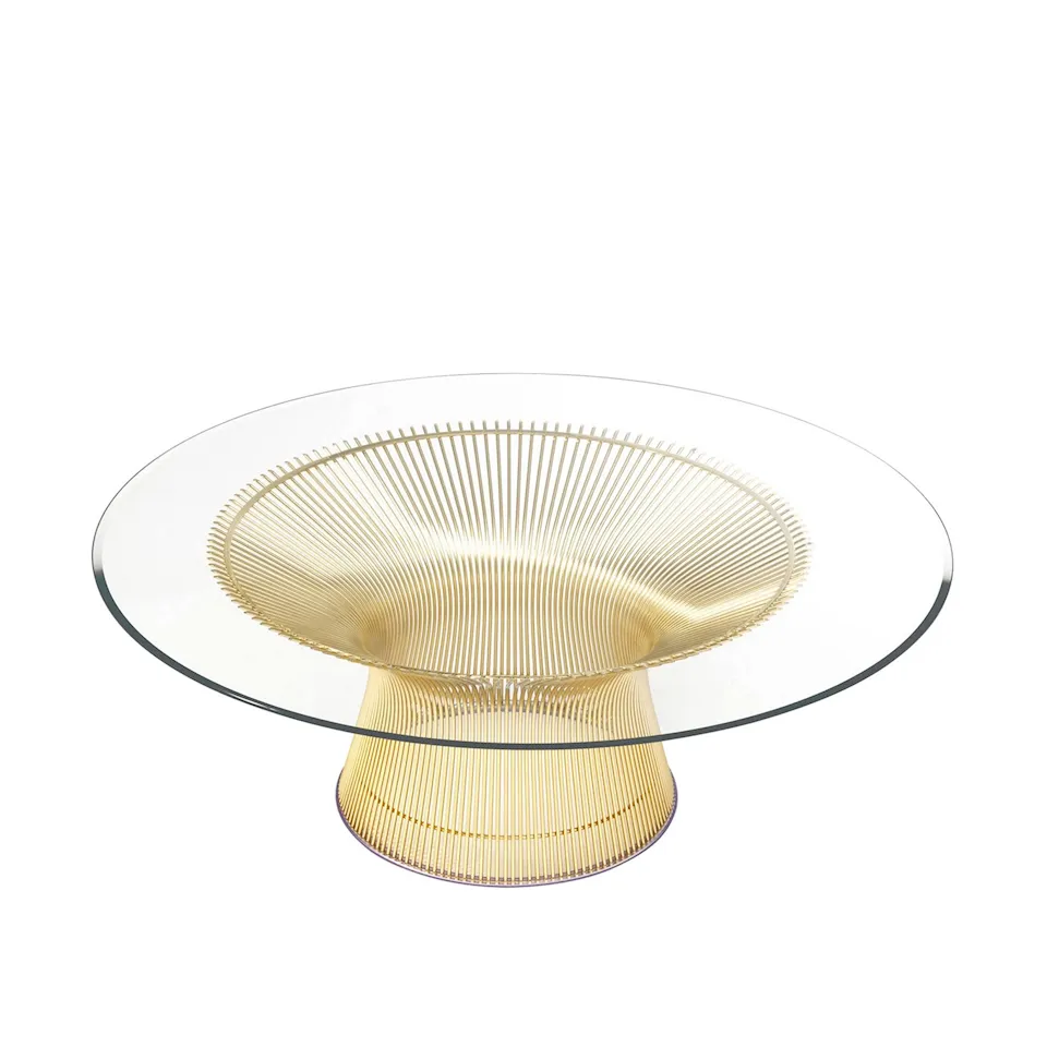 Platner soffbord 18k guld, Ø 91,5 cm, skiva i Klarglas