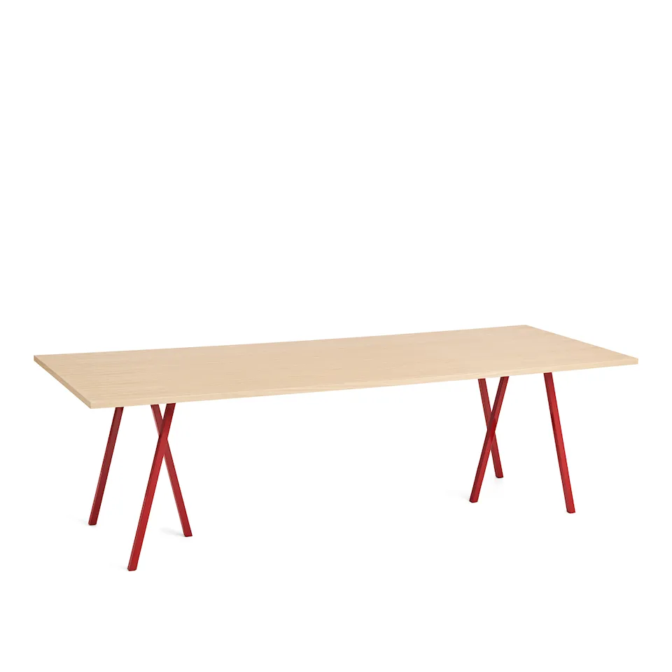 Loop Stand Table Maroon red powder coated steel frame L250 x W92,5 x H74 Clear lacquered oak tabletop Water-based lacquered oak edge