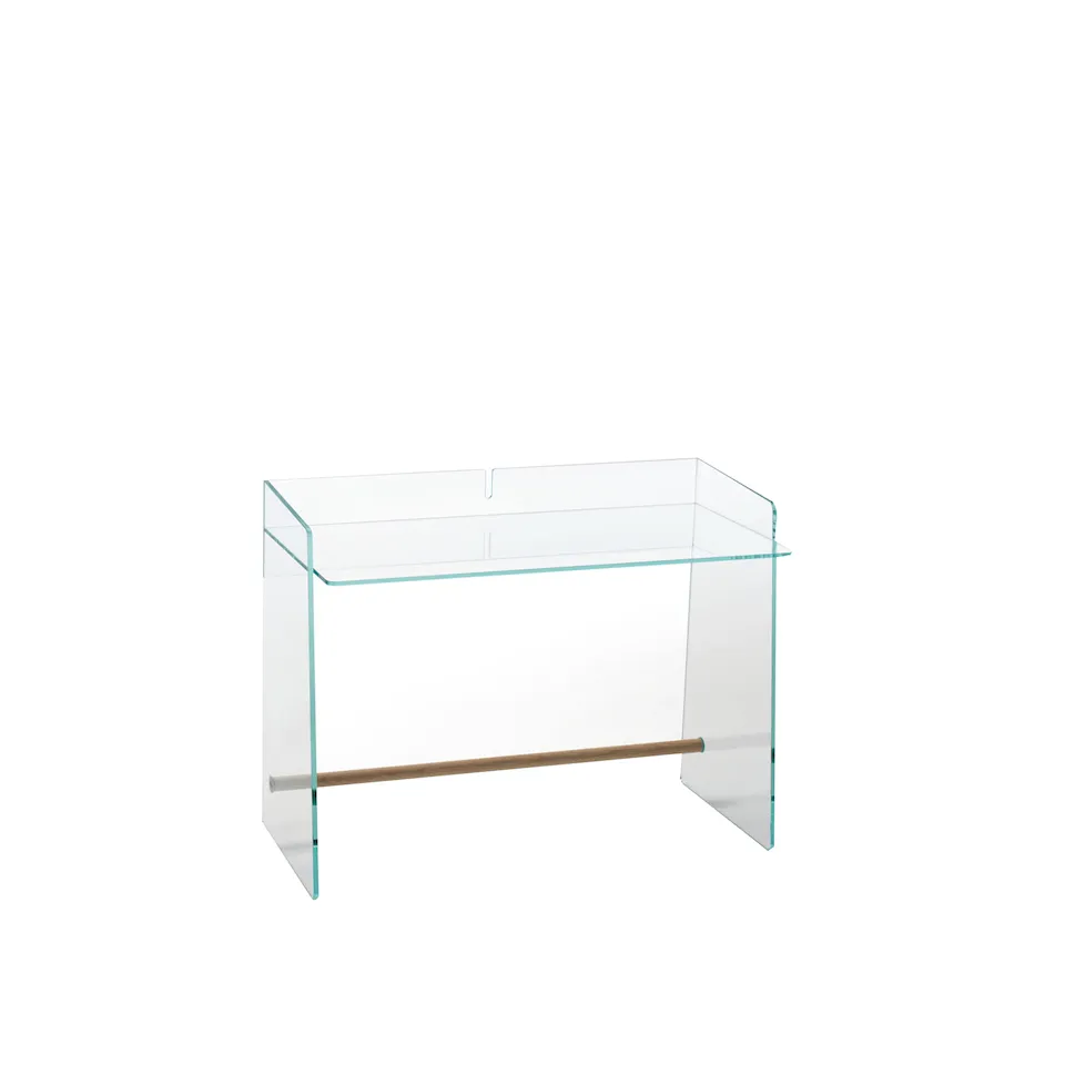 PIR01 Pirandello Desk, Extralight transparent glass, Footrest: Natural ash