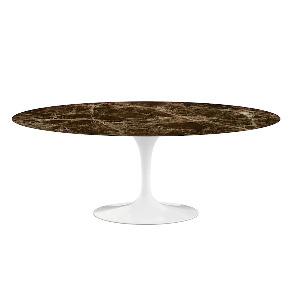 Saarinen Oval Table - Matbord, 198 x 121 cm, Vitt underrede, skiva i matt brun Emperador marmor