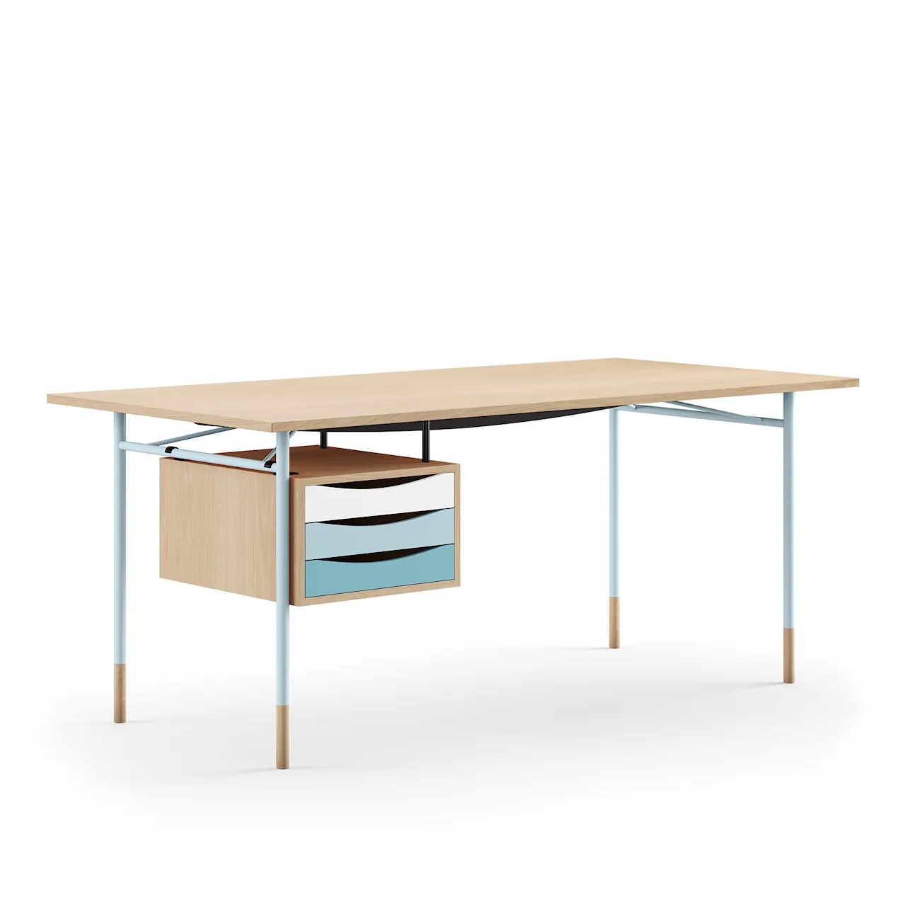 Nyhavn skirvbord, 190 cm, with Tray Unit, Walnut Dark Oil, Light Blue Steel, Cold