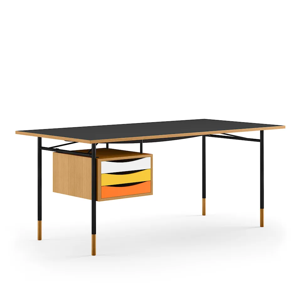 Nyhavn Desk, 190 cm, with Tray Unit, Oak Dark Oil/Black linoleum, Black Steel, Warm