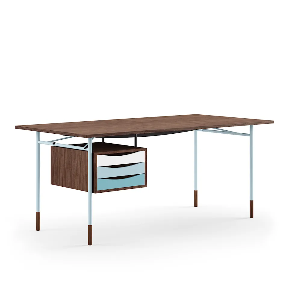 Nyhavn skirvbord, 190 cm, with Tray Unit, Walnut Dark Oil, Light Blue Steel, Cold