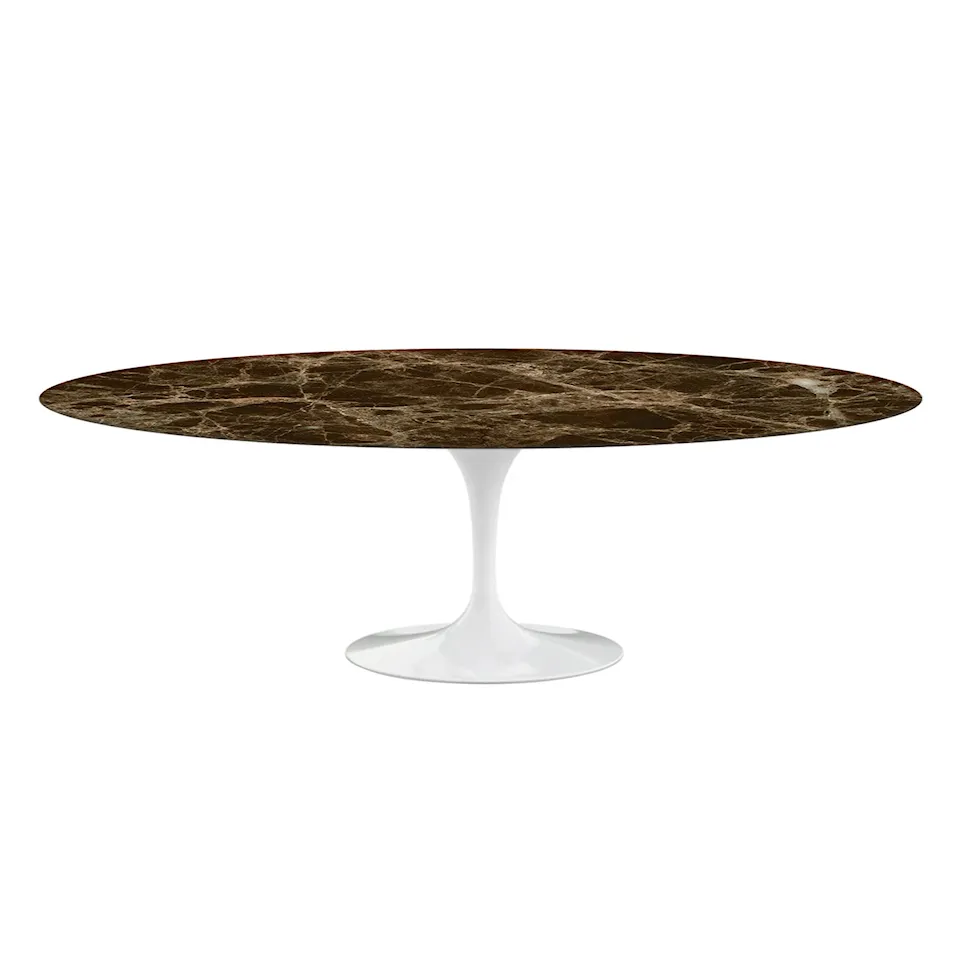 Saarinen Oval Table - Matbord, 244 x 137 cm, Vitt underrede, skiva i glansig brun Emperador marmor