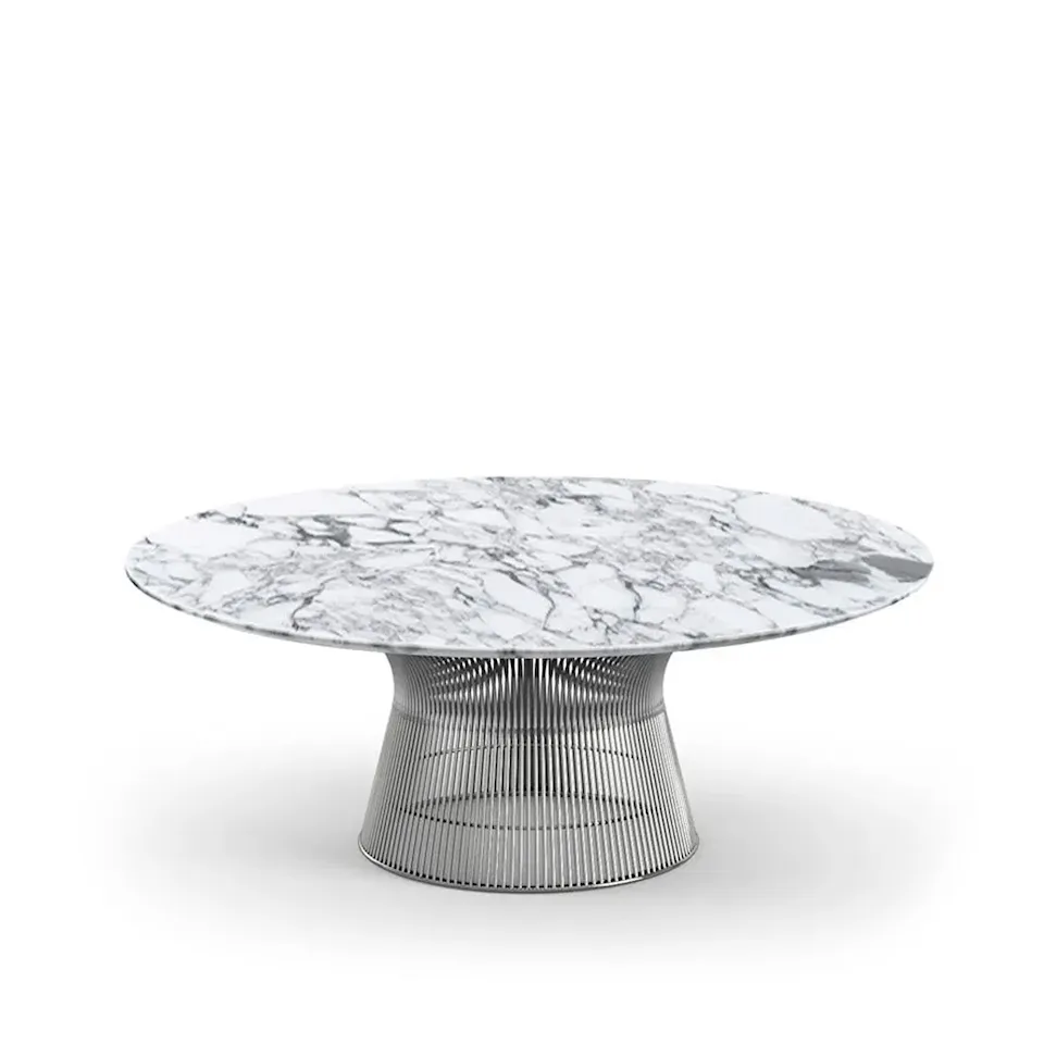 Platner Coffee Table, underrede i Polerad nickel, Ø 91,5 cm, skiva i vit Arabescato marmor