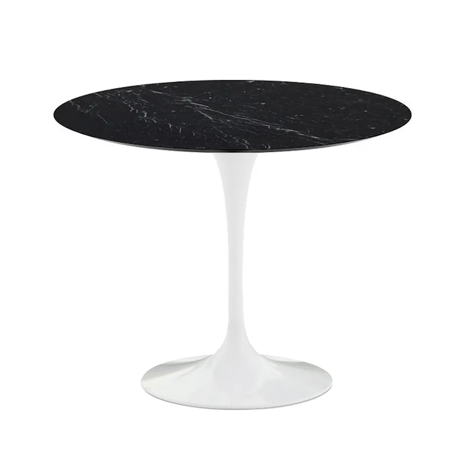 Saarinen Round Table - Matbord, Ø 91 cm, Vitt underrede, skiva i glansig svart Marquina marmor