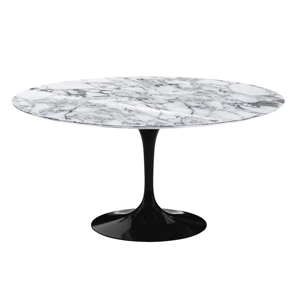 Saarinen Round Table - Matbord, Ø 152 cm, Svart underrede, skiva i matt vit Arabescato marmor