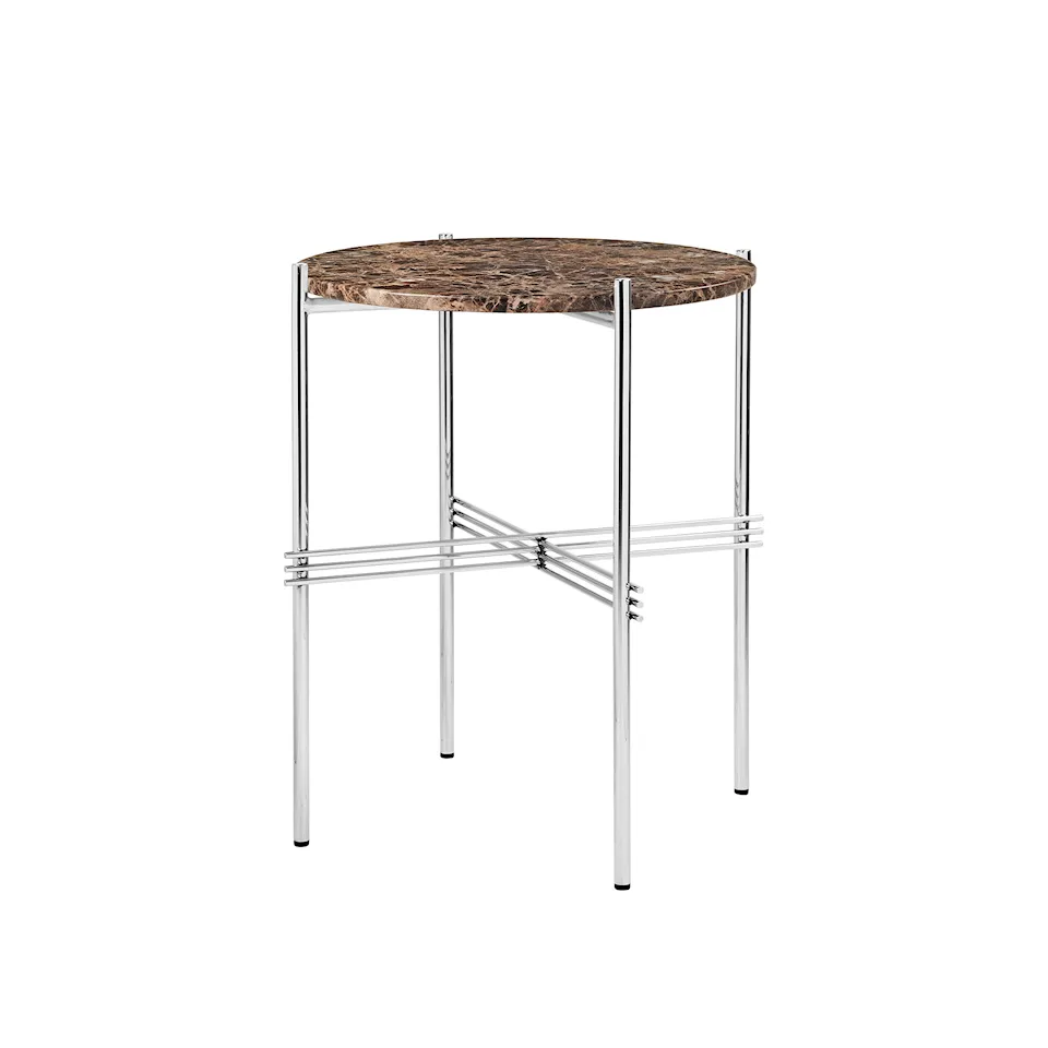 TS Side Table - Round, Ø40 Polished Steel Base, Table Top Brown Emperador Marble