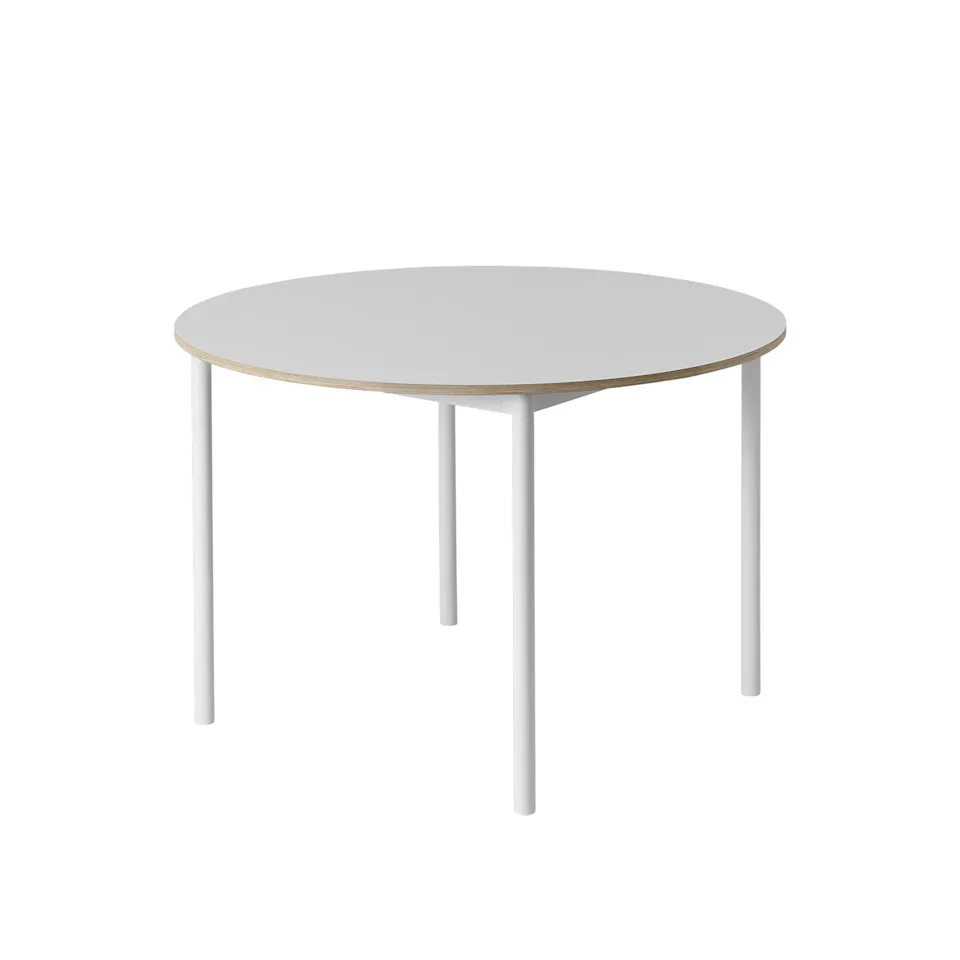 Base Table, Ø110 cm, Top: White Laminate, Plywood edges, Frame: White