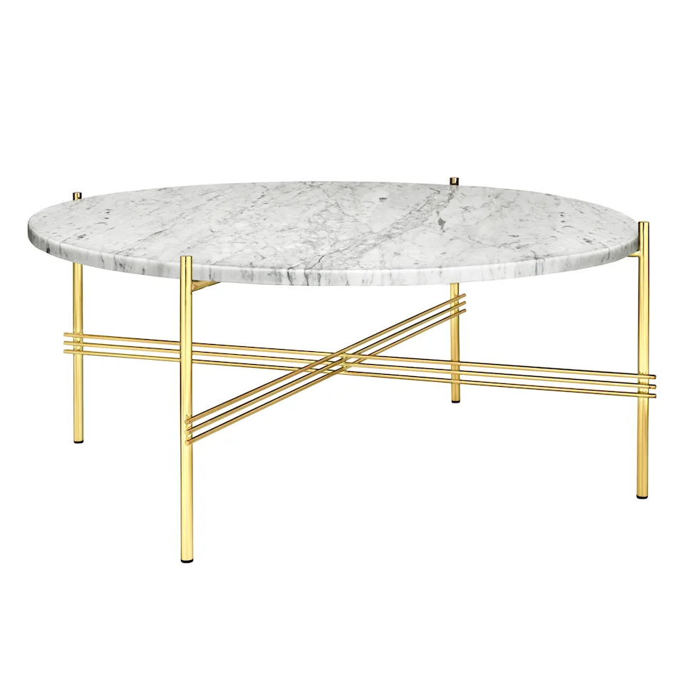 TS Soffbord Ø 80 H. 35, Top: Bianco Carrara Marble, Base: Brass