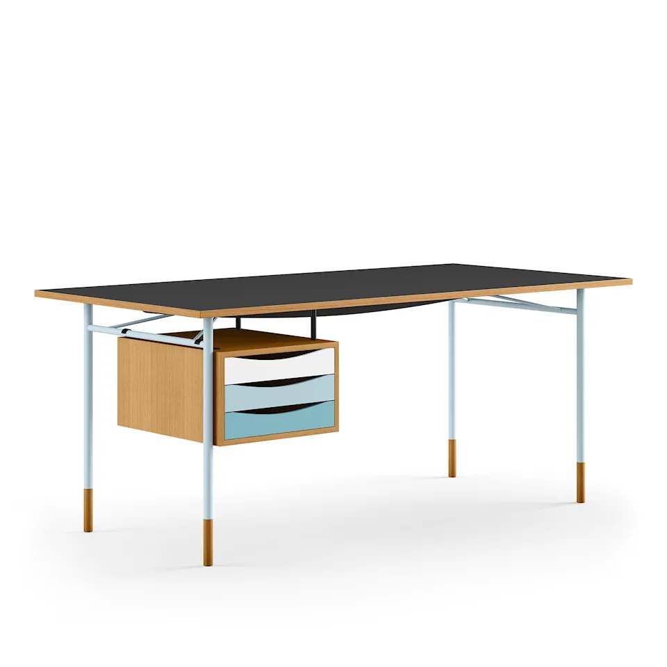 Nyhavn Desk, 190 cm, with Tray Unit, Oak Dark Oil/Black linoleum,Light Blue Steel,Cold