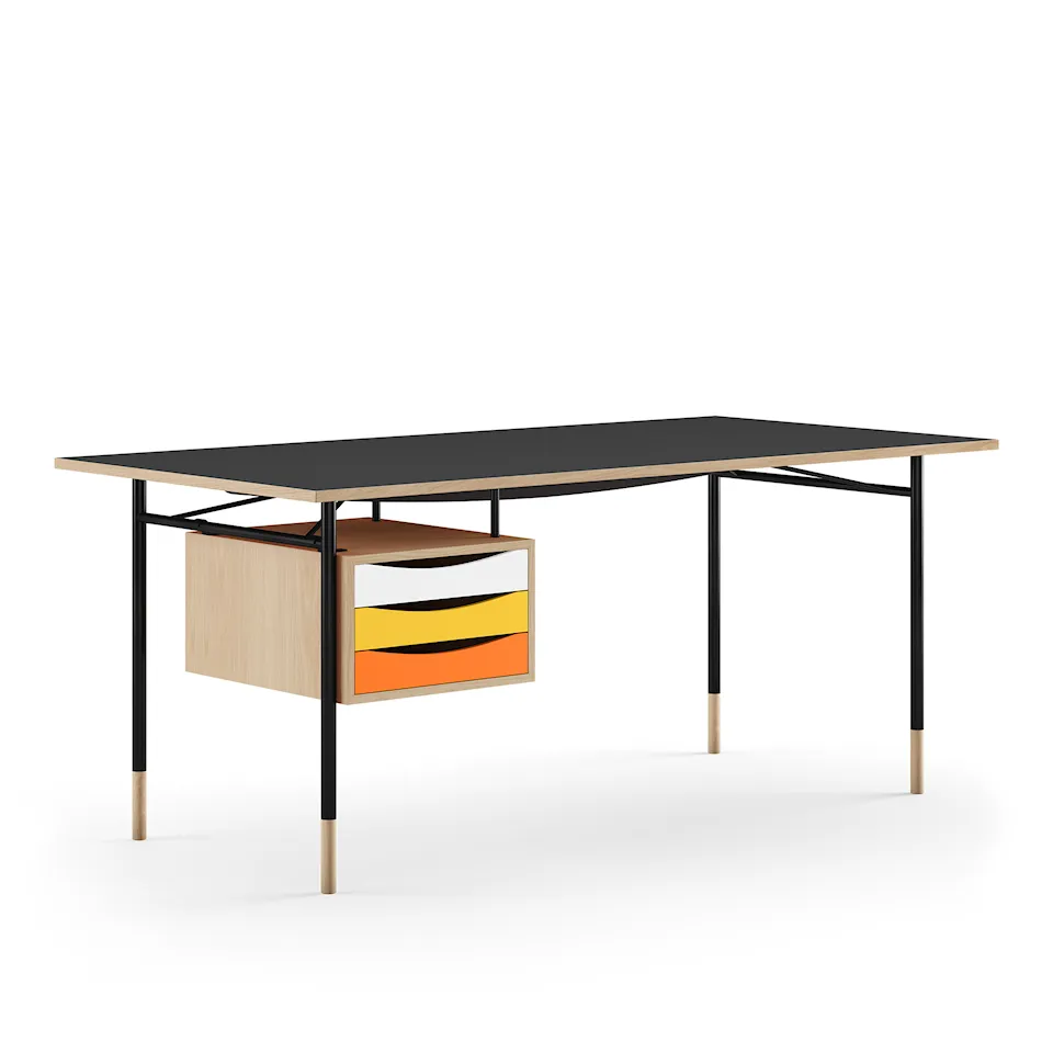 Nyhavn Desk, 190 cm, with Tray Unit, Oak, Black Steel, Warm