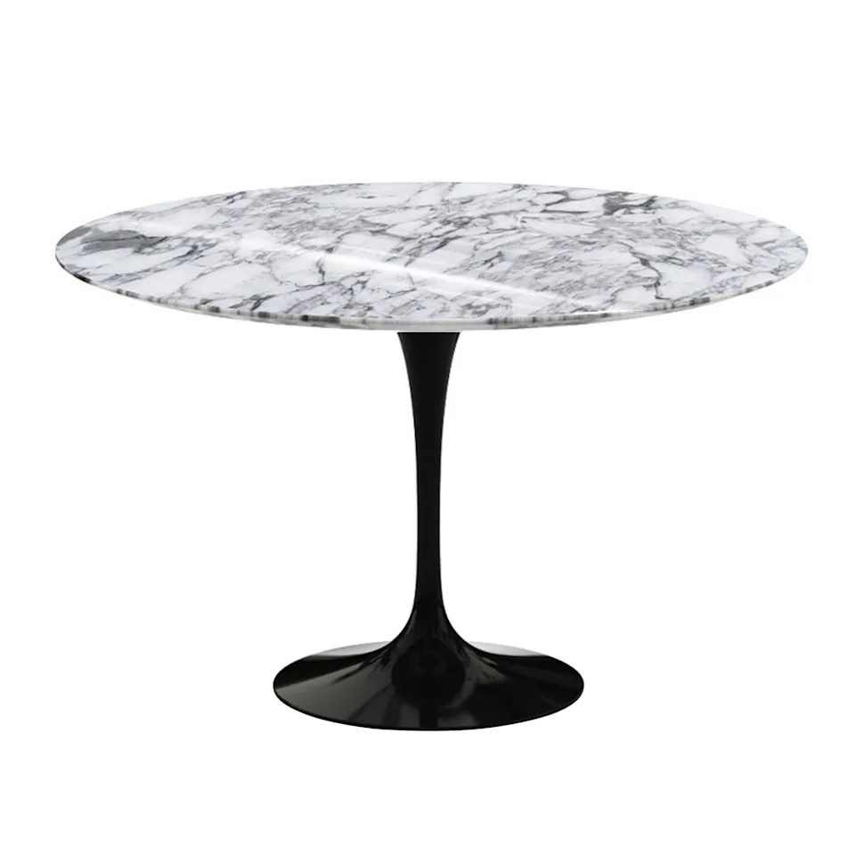 Saarinen Round Table - Matbord, Ø 120 cm, Svart underrede, skiva i glansig vit Arabescato marmor