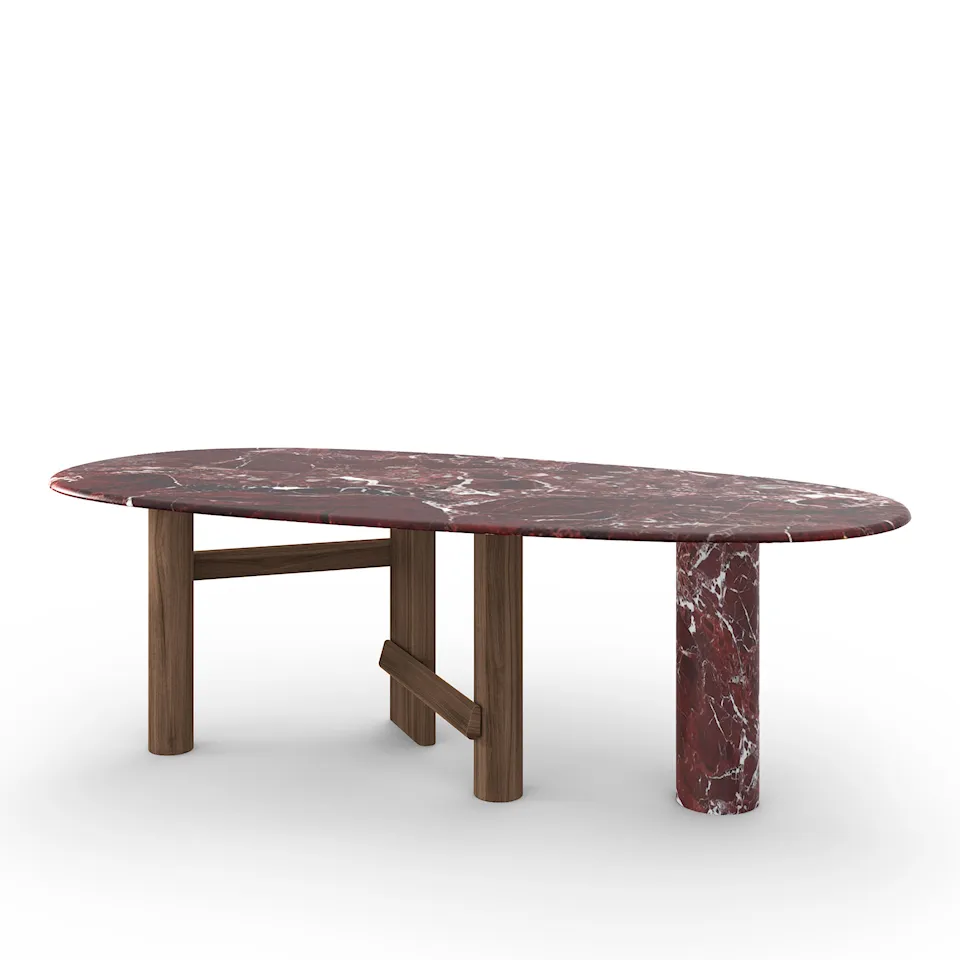 Sengu bord, 230x116cm, American Walnut legs, Levanto red marble top and column