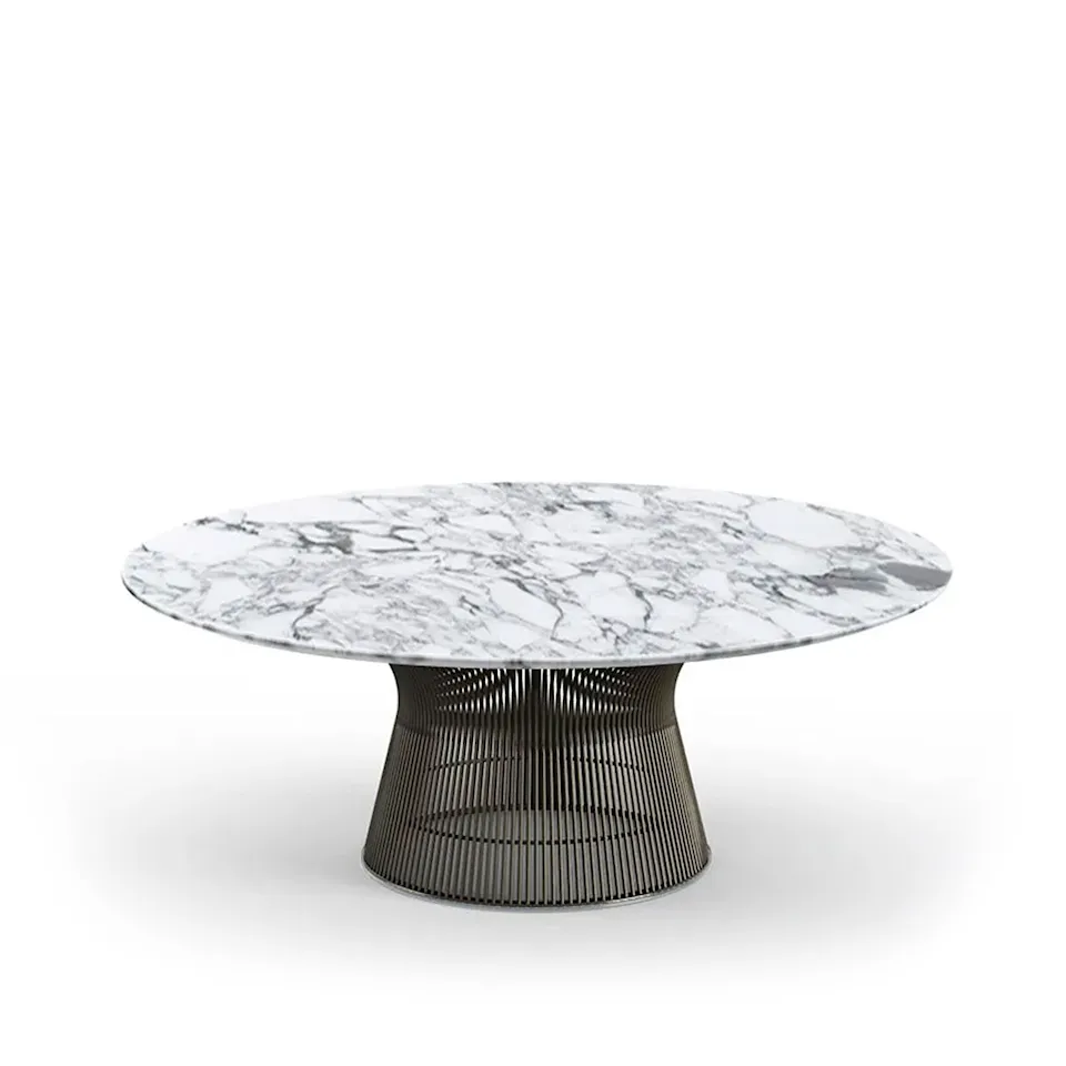 Platner Coffee Table, underrede i Brons metallic, Ø 107 cm, skiva i vit Arabescato marmor