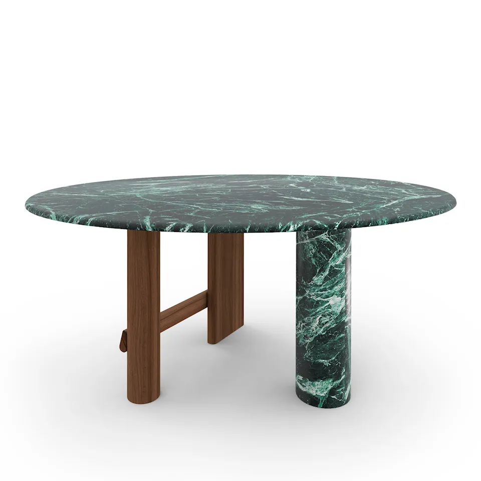 Sengu bord, Ø160cm, American Walnut legs, Alpi green marble top and column