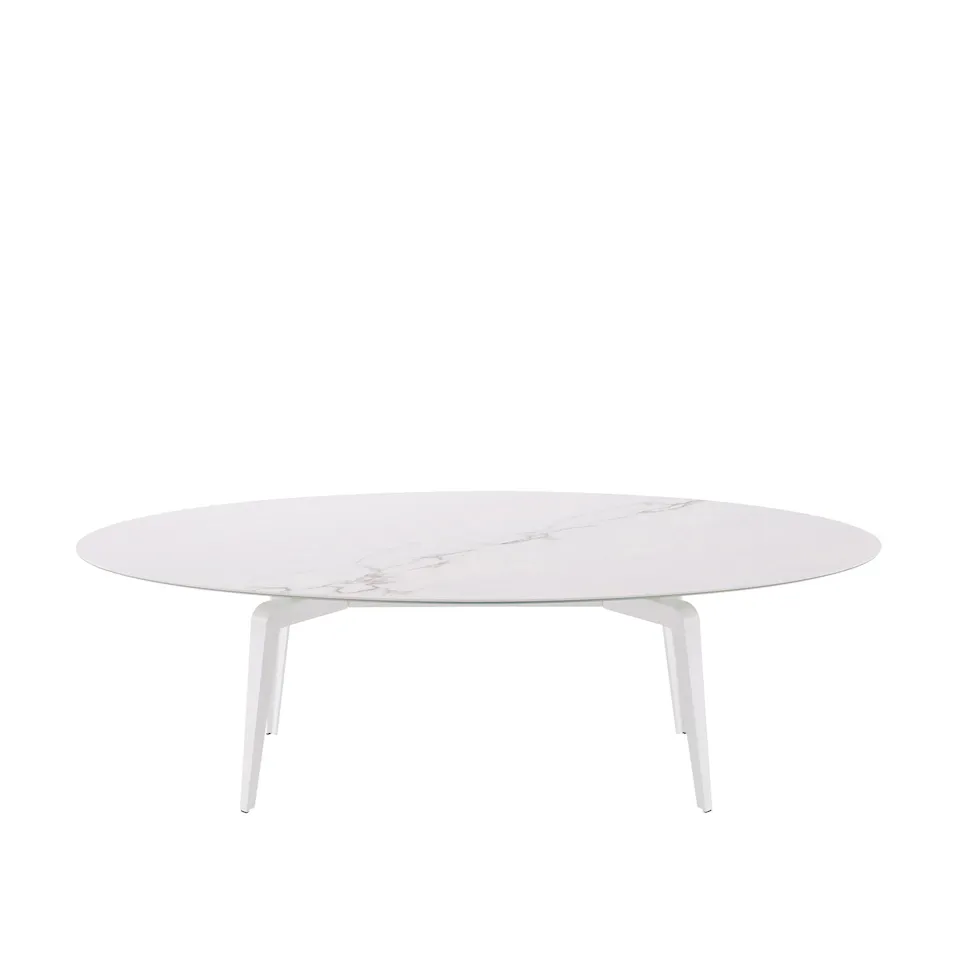 Odessa Oval Dining Table 240x130, White Lacquered Base, White Marble-Effect Ceramic Stoneware