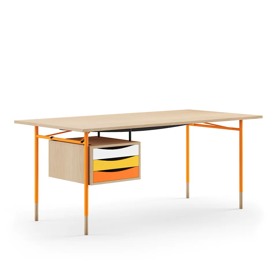 Nyhavn Desk, 190 cm, with Tray Unit, Oak Clear oil, Orange Steel, Warm