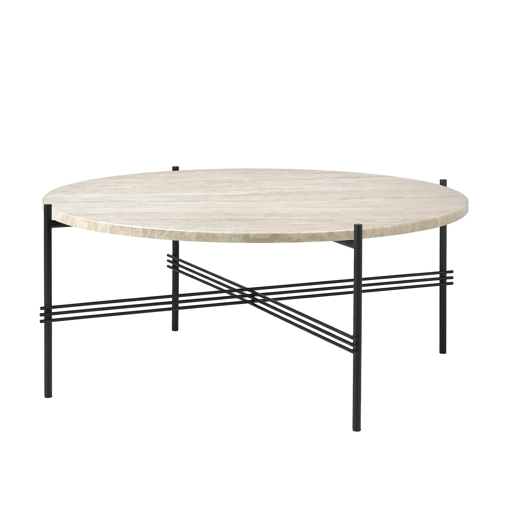 TS Outdoor Coffee Table - Round, Ø80 Classic Black Base, Table Top Neutral White Travertine Outdoor - Gubi - GamFratesi - NO GA